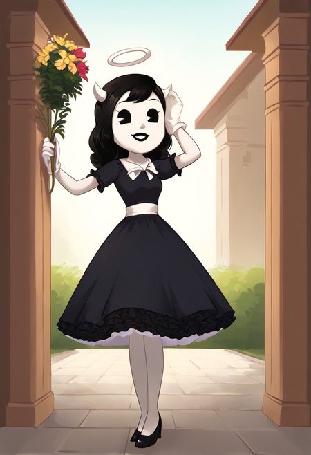 (Masterpiece, best quality:1.2), score_9, score_8_up, flat color, flat shading, soft shading, lighting, Alice Angel in a 1950's dress with a button down top, a fluffy frilly ruffled full petticoat, and high heels, dress, layered petticoat, frilly petticoat, fluffy petticoat, full petticoat, wide dress, flowing dress, long skirt, solid colored skirt, short sleeves, black hair, Bendy and The Ink Machine, series accurate, cute, best high quality, high res, black lips, white colored skin, whole body shot, 1girl, solo, outside, standing straight, in a garden, cute, adorable, smile, low angle shot, cartoon, cartoon style, vector, solo, circle dress, 1950s, alice angel