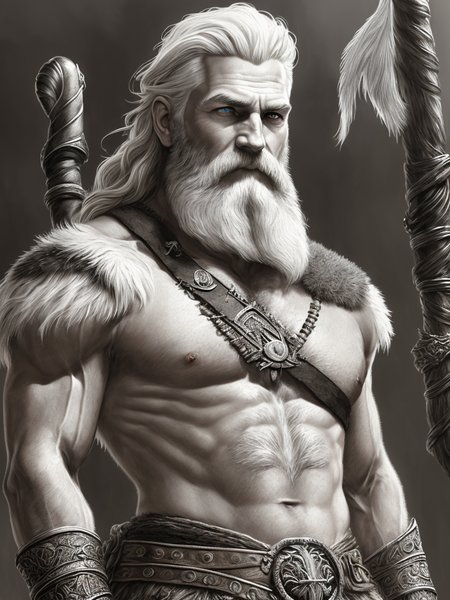 painted portrait of rugged odin, god of war, norse god, white hair, masculine, mature, handsome, upper body, grey and silver, muscular, hairy torso, fantasy, intricate, muscular, elegant, highly detailed, digital painting, artstation, concept art, smooth, sharp focus, illustration, art by gaston bussiere and alphonse mucha
(full body)