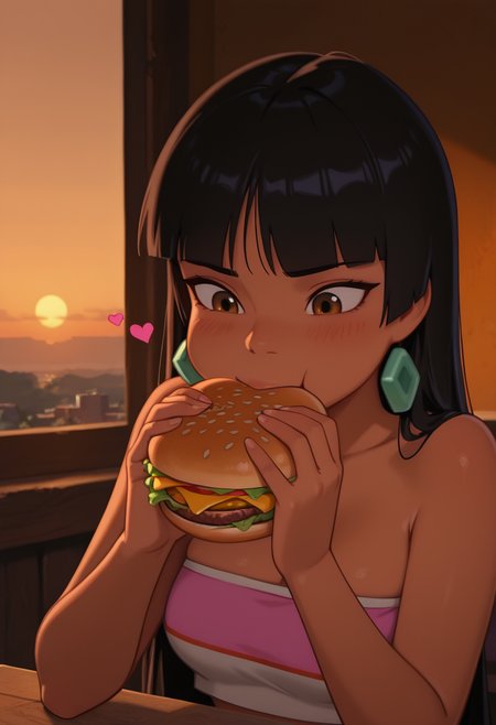masterpiece, best quality, cinematic lighting, amazing quality, very aesthetic, absurdres, best quality, 4k, upscale, melanch0ly, hearts, close up,
chel, portrait, tube top, eating a burger,
bedroom, sunset, dark lighting, warm lighting, table,
<lora:Chel_IL:0.8>