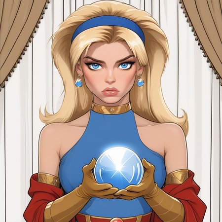 <lora:Retro_Anime_Flat_ColorsSDXL:1> ArsMJStyle, Retro Anime Flat Colors, The image is an illustration of a young woman with blonde hair and blue eyes. She is wearing a blue and red outfit with gold accents on her arms and shoulders. She has a blue headband on her head and is holding a crystal ball in her hands. The woman appears to be a superhero or a goddess as she has a fierce expression on her face. The background is white and there are curtains on either side of her. The overall style of the illustration is cartoon-like and exaggerated., 1girl, solo, blonde hair, long hair, blue eyes, gloves, jewelry, bare shoulders, earrings, detached sleeves