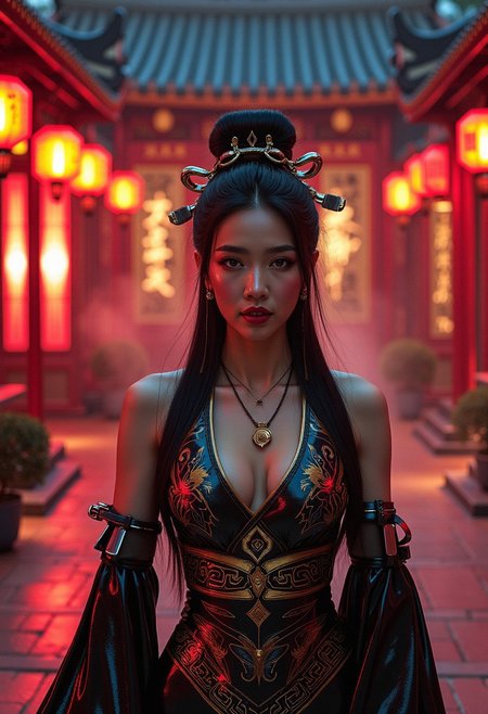 A stunning photorealistic portrait of a busty young East Asian woman in a fusion of traditional and futuristic fashion, standing in a serene courtyard at night. She wears a sleek, form-fitting hanfu-inspired gown made of glossy black and gold latex, with intricate cyberpunk-inspired embroidery glowing faintly. The deep neckline elegantly reveals her collarbone and cleavage, blending elegance with sensuality. The flowing latex sleeves shimmer under neon and lantern light, while a structured, high-tech obi belt with metallic accents cinches her waist.  
Her long, black hair is styled in an elaborate updo adorned with futuristic golden hairpieces and glowing red ornaments. Her deep, captivating eyes and her detailed skin  reflect the ambient neon and lantern lights. The traditional Chinese courtyard setting is transformed with cyberpunk elements—glowing lanterns now infused with neon hues, digital calligraphy on wooden pillars, and a soft mist rising from the ground. The background features red lacquered buildings with soft holographic projections blending with ancient architecture.  
The scene is illuminated by a mix of moody, cinematic lighting—red and gold lanterns casting warm shadows, while subtle neon glows create a striking contrast. The image is captured in **Annie Leibovitz’s** signature dramatic portrait style, with ultra-high detail, 8K resolution, lifelike textures, and a perfect balance of softness and sharp contrast.