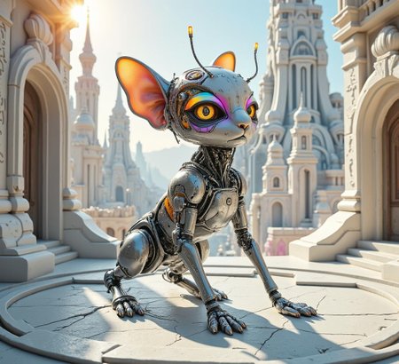 <lora:flux-h34d5-v1.safetensors:1> h34d5
In a sunlit chamber, a sleek, cybernetic creature stands upright on a polished, metallic surface. Its form, an intricate blend of organic and mechanical, exudes a futuristic elegance. The creature's body is a mosaic of polished silvers and whites, interwoven with vibrant neon hues—vibrant oranges, purples, and blues. Gears and coils artfully wrap around its compact frame, their surfaces glossy and reflective, catching the light in intricate patterns.
The creature's delicate front paws, now sleek and metallic, rest gently on the surface, their fingers articulated with precision. Its head, a harmonious synthesis of organic curves and mechanical embellishments, is crowned with a pair of slender, neon antennae that pulse softly. The eyes, a pair of luminous, glass-like orbs, radiate a soft, inner light, infused with the same neon palette.
Behind the creature, a 3D diorama of a futuristic cityscape rises, its towers and arches a blend of sleek, modern architecture and ornate, baroque details. The structures are bathed in a soft, radiant glow, their surfaces reflective and polished. The color palette is a harmonious mix of pastel tones—faded and worn, yet vibrant and dreamy. The whole scene is enveloped in a soft, natural light, creating a mood that is both futuristic and refined, a testament to the union of advanced technology and exquisite artistry.