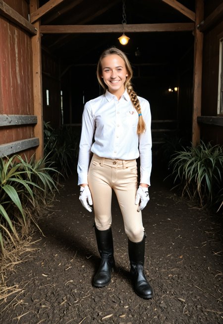 safe_pos, score_9, score_8_up, score_7_up, 1girl, (barn with lush green countryside:1.9), (18 year old female standing in front of barn:1.7), (detailed skin, realistic skin:1.8), (gorgeous dutch girl, cute smile:1.5), (perfect braided hair, blonde hair:1.6), (petite body, toned legs, thigh gap, small perky tits:1.5), <lora:ridingOutfitPony:1.0>, (wearing white gloves, white shirt, boots, long sleeves, beige leather pants:1.8), (cute smile:1.2), (blushing:0.9), BREAK (low-key lighting, dramatic shadows and subtle highlights:1.1), amateur photo, realistic lighting, photo, photorealistic, intricate detail, real, beautiful, confident, elegant, pure, Tower13_Tammy, realistic, y0uthful