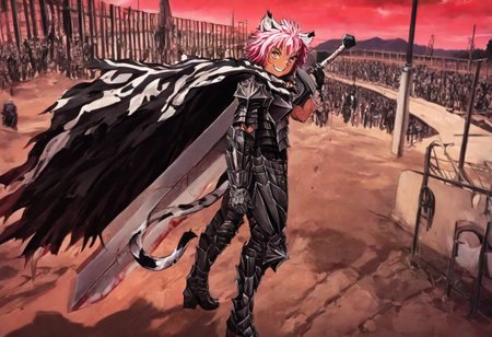 masterpiece, very aesthetic, anime screenshot, 1girl, Pink_PonyXL, DragonSlayerSword-Il.V1.0, white tiger striped armor, white tiger striped shoulder armor, gauntlets, greaves, bandaged arm, white tiger striped cape, torn cape, bright pink hair, cat ears, scar on nose, cat bell around neck, tanned, white tiger tail, small breasts, femine body, smiling, making a cute cat face, single fanged tooth showing, standing, looking at viewer, side view, wielding-dragonslayer, huge weapon, sword, holding sword, holding weapon, full body, zoomed in on pink_ponyxl, Dutch angle, cowboy shot 
Break
City square, bright and sunny, happy adoring crowd,
