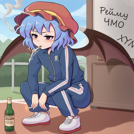 score_9, uncensored, source_anime
BREAK
1girl, remilia scarlet, solo, wings, hat, bat wings, cigarette, track suit, squatting, short hair, blue hair, bottle, smoking
<lora:duhota_v4-1_adafactor:1>