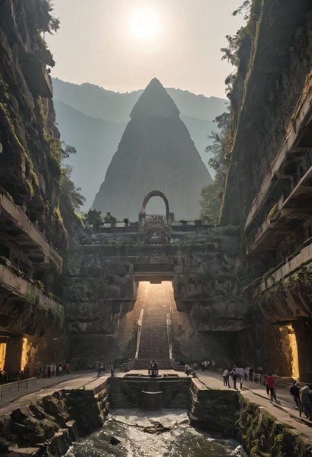 (pastel neon niji colors, terraforming mecha-Pyramid Like drdnght machine hovering above planet earth 20000 bc:1.55), 
(atmospheric haze, Film grain, cinematic film still, highly detailed, high budget, cinemascope, moody, epic, OverallDetail, gorgeous, 2000s vintage RAW photo, photorealistic, candid camera, color graded cinematic, eye catchlights, atmospheric lighting, skin pores, imperfections, natural, shallow dof:1.4),
(Ancient megalithic civilization, Azka Lines, on Easter Island:1.1), (The colonial city of the future, in the mist-filled Grand Canyon, on an unknown Earth-like planet, 2 moon on sky, Spaceship flight connects colonies, waterfulls:1), (Machu Picchu, a mountain settlement, incredibly spectacular:1),  (avant-garde, future, reality, science fiction, photorealistic), White limestone with black granite, fountain, waterfall, landmark, square, path, narrow street, (Large Files, Ultra Realistic, 8K, 16k, FHD, HD, VFX, Perfect, Photography, composition, Architecture Sales Photography, Architecture Competition, Ultra High Resolution, Cinematography, High Resolution Image:1), (dramatic lighting, direct sunlight, ray tracing, clear shadow:1), (real landscape:1), (blurred background:1.0), (urban background, more_details) ,
extremely detailed, industrialbuilding, drdnght machine, spstation, mayamaze, caveruinsAerial