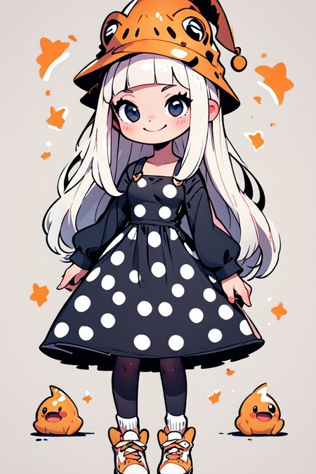 score_9, score_8_up, score_8, medium breasts, (curvy), cute, eyelashes,       BREAK, , zzEruka, black eyes, white hair, blunt bangs, long hair, orange hat, polka dot dress, black dress, black sleeves, pantyhose,    <lora:ErukaFrog_SoulEater_PDXL_v2:1.0>, , BREAK, socks, big shoes, ,,, smile, looking at viewer, cowboy shot, ,,, embedding:zPDXL, Expressiveh, ,,, <lora:CuteToonPDXL:1.0>, <lora:SDXLFaeTastic2400:0.5>, <lora:Expressive_H-000001:0.4>,