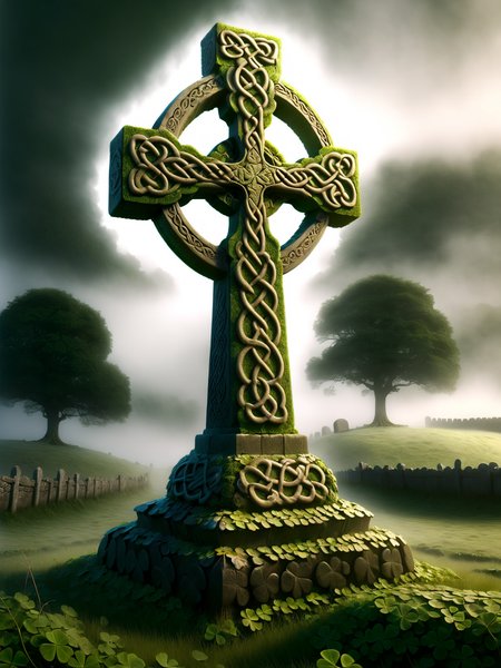 cinematic image, dynamic lighting, celtic cross covered mad-lkyclvr, irish landscape, fog<lora:Lucky_Clover_SDXL:1.0>, (masterpiece:1.2), best quality, (hyperdetailed, highest detailed:1.2), high resolution textures