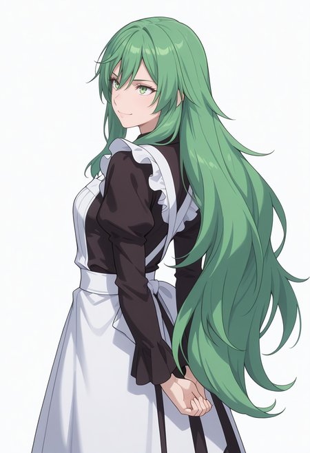 Smooth Quality,masterpiece,very intricate, high quality details, ultra realistic, high detailed skin,detailed enviorement,absurdres,
simple background, white background, 
from behind,standing, arms behind back, looking up, calm expression, relaxed posture,  ,forced smile,
 <lora:Misery_cnn:0.8> 1girl, green hair, green eyes, hair between eyes, frown, very long hair, sidelocks,dress, shirt,maid apron, puffy sleeves, long sleeves, juliet sleeves, enmaided,