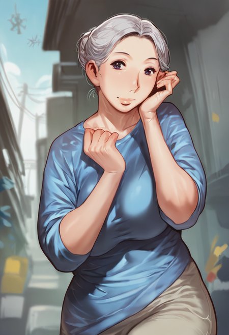 score_9, score_8_up, score_7_up, 1girl, mature_female, solo, Posing as if caught in a spider web, sideways, construction site, Electric blue Sweater, gray hair, cowboy_shot, rating_safe, <lora:pony\artist_styles\no_chachamaru_pony:1.0>