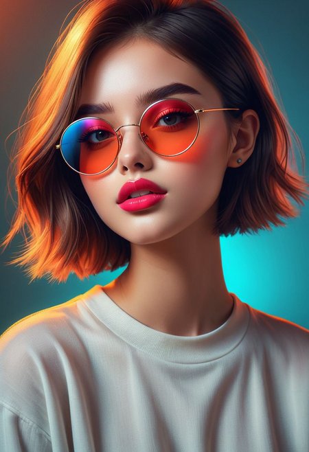 22 year old girl,
oversized round glasses. 
shy appearance,  big and
expressive eyes, 
her lips pouty with a shine. 
distinctive color palette dominated by neon tones, 
subdued lighting casting soft shadows, 
Hyperrealism, 
digital painting 
SunGlass