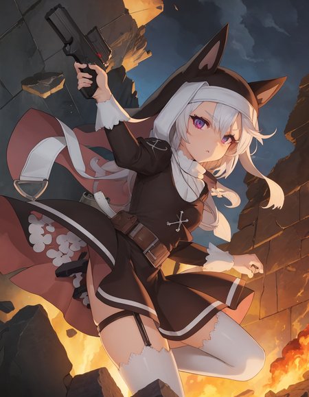 (extremely detailed CG unity 8k wallpaper),(masterpiece), (best quality), (ultra-detailed), (best illustration),(best shadow), (sharp eyeliner, eyeshadow, detailed eyes:1.2), ruins, rubble, destruction, battlefield
,BREAK
(p7:1.2), holding handgun, dynamic pose
<lora:P7:1>
