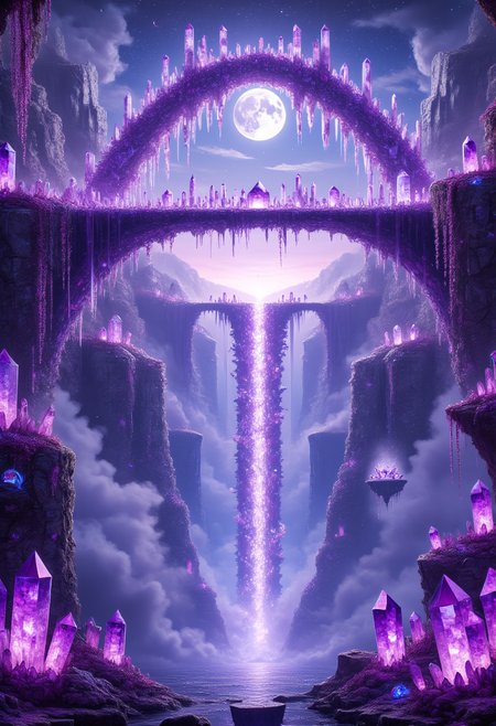 The Amethyst Bridge to Nowhere
A colossal bridge made of sparkling amethyst crystals stretches across a mist-filled abyss, disappearing into the fog on either side. The bridges surface is smooth and faceted, refracting the pale light of a rising moon into prismatic beams. Along the sides, glowing amethyst lanterns hover without support, casting eerie violet light on the scene. Strange crystalline plants grow along the edges, their glowing tendrils reaching into the air. The faint sound of wind chimes, as if coming from the crystals themselves, fills the atmosphere.