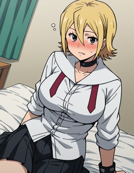 score_9, score_8_up, score_7_up, source_anime, <lora:hime-onizuka-s2-ponyxl-lora-nochekaiser:1>, hime onizuka, short hair, blonde hair, hair between eyes, black eyes, large breasts,, skirt, school uniform, pleated skirt, choker, wristband, sleeves rolled up, black skirt, pleated skirt,, indoors, bed, bed room, on side, blush, drunk, looking at viewer, solo,, cowboy shot, dutch angle