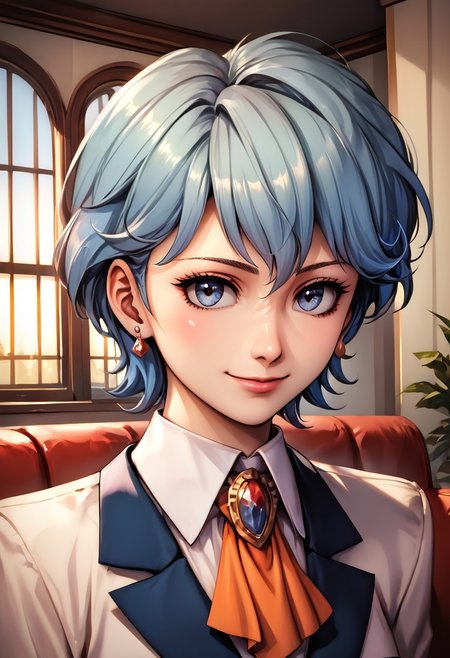 score_9, score_8_up, score_7_up, source_anime, , (best quality) , (highly detailed) , (best quality) , (highly detailed) ,((masterpiece)), ((best quality)), (ultra-detailed), ((extremely detailed)), (high resolution), 4K, (8K), best quality, (beautiful), (dynamic lighting), (super detailed skin), sharp focus, (1_girl, solo focus), shiny skin, masterpiece ,absurdres ,detailed face ,<lora:pony_xl_Hildegard:0.8>,Hildegard,score_9,score_8_up,1girl,female,kawaii,solo,short hair,earrings,suit,white collared shirt,ascot,brooch,upper_body,looking_at_viewer,smile,closed mouth,sitting,couch,table,window_,curtains,stretching your spine,cup,teacup,saucer,parody,, cinematic lighting, Intricate, High Detail, Sharp focus, dramatic, masterpiece, best quality, ultra-detailed, detailed, detailed body, detailed face, UHD, kawaii, cute, very big eyes, Aesthetic Anime Eyes,  (8k, masterpiece, best quality, ultra-detailed),