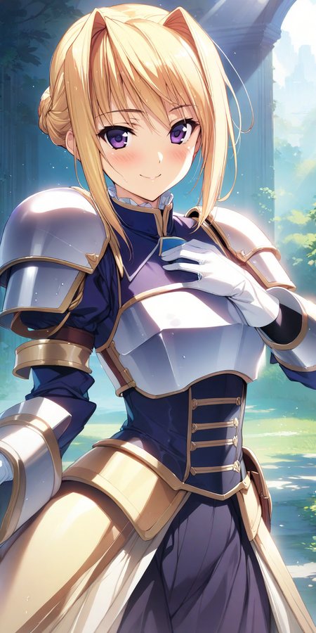 1girl, solo. sylvia_van_hossen, large breasts, blonde hair, purple eyes, hair bun, armor, gloves, sunbeam, blush, shoulder armor, pauldrons, white gloves, light rays, sunlight, wet, hair intakes, outdoors, sky, smile, single hair bun, day, cowboy shot, smile, <lora:XL-SylviavanHossen:1>, (masterpiece),(best quality),(ultra-detailed),(best illustration),(best shadow),(absurdres),(detailed background),(very aesthetic),