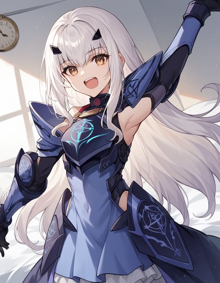 score_9, score_8_up, score_7_up, source_anime, <lora:fgo-melusine-ponyxl-lora-nochekaiser:1>, melusine, brown eyes, long hair, white hair, sidelocks,, armor, armored dress, black dress, black gloves, blue armor, blue dress, breastplate, dress, faulds, gloves, mask, pauldrons, short dress, shoulder armor,, bedroom, alarm clock, morning routine, yawning, stretching, on bed,, smile, , arm wrapped around someone, solo,, cowboy shot, dutch angle