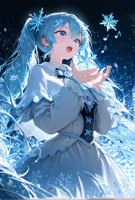 masterpiece,best quality,amazing quality,very aesthetic,absurdres,newest,1girl,yuki miku,snowflake,snowflake hair ornament,snowflake print,snowflakes,striped bow,twintails,long hair,cyber fashion,musical note,eighth note,singing,<lora:Snowflake:1>,
masterpiece,best quality,amazing quality,very aesthetic,absurdres,newest,<lora:ponyv5_noobV065S_1_adamW:0.5>,<lora:AIイラストおじさん_style_illustrious_goofy:0.4>,<lora:USNR STYLE_XL_loha:0.5>,<lora:illustrious_noobai_epsilon_pred_11_very_aesthetic_v1:0.5>,<lora:illustrious_noobai_epsilon_pred_1_best_quality_v1:0.5>,