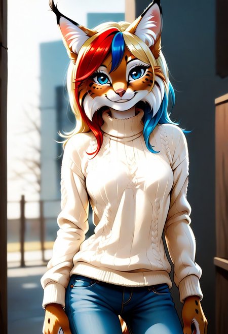 digital_media_(artwork) hi_res, score_9, score_8_up, score_7_up, score_6_up, score_5_up, score_4_up, rating_safe, anthro, furry, female, furry female, detailed textured fur, fur tufts, lynx, slim, slender, small breasts, cute, sweater, denim jeans, multicolor hair, streaked hair, red hair, blue hair, blonde hair, blonde fur, detailed blue eyes, smile, solo, SFW, BizenP,