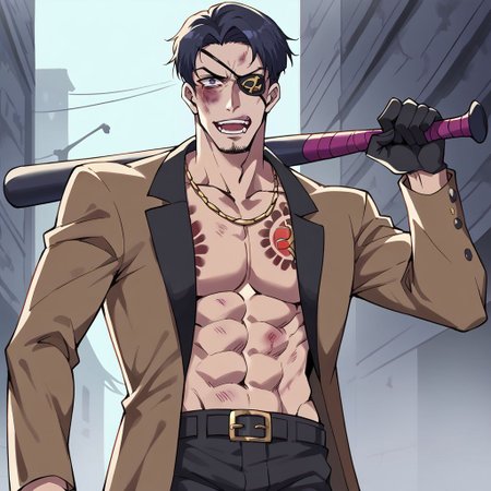 score_9, score_8_up, score_7_up, source_anime, rating_safe, solo, masterpiece, very aesthetic, absurdres, recent, anime screenshot, flat coloring, fair skin, <lora:majima-guy-PONYv1:0.75> majima, male focus, eyepatch, black hair, shirtless, dark tan jacket, black gloves, black pants, black shoes, tattoo, open clothes, majimadef, necklace, goatee, abs, (side shot:1.2), holding a black metal baseball bat in a jojo pose, crazy sadistic expression, crazy laugh with mouth open, eyes wide open, (wounded bruised on abs:1.3), nosebleed, ((nighttime:1.5)), in a city street alleyway, streetlights, shops and stalls in background, detailed background, <lora:ponyxl_concept-bruised_face:0.8> ryona, bruise, bruised face, bruise on face