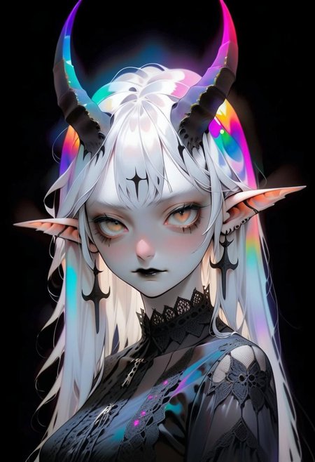 pale demon girl , prismatic coloring, holographic vibe, chromatic black lace blouse, gothic background, (long straight horns:1.2)