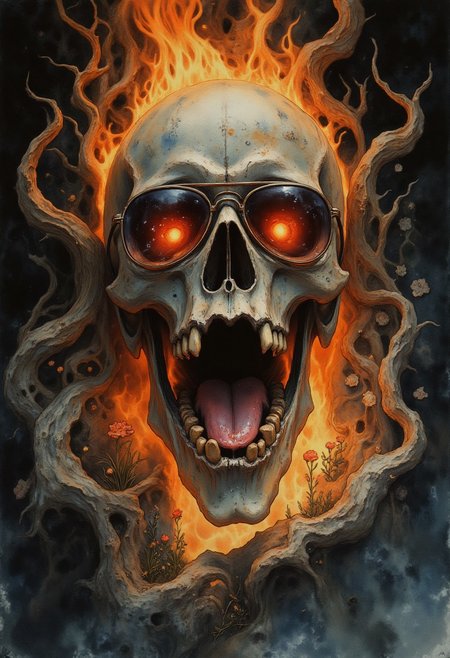 masterpiece, best quality, A hyper-realistic Close up shot of a floating skull wearing sunglasses. It's centered, yelling while on fire and suspended in a void., full body zoomed in, ultra sharp focus photo, 3d render, architecture, dark fantasy, vibrant (photography, high-resolution, dynamic, energetic,hyper-realistic, dramatic lighting, shallow depth of field.), dramatic lights, Cinematic, beautiful, vibrant, masterpiece, 32k, ultra HD, ultra-detailed, amazing quality, amazing artist, sharp edges, detailed textures, full view, atmospheric lighting, amazing visuals