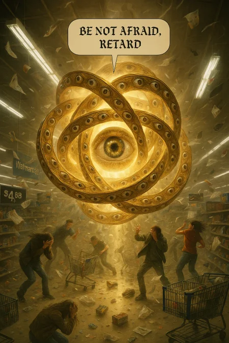 A hyper-realistic cinematic image of a Biblically accurate angel (Ophanim-type) hovering in the center aisle of a Walmart. The angel is formed by several massive, golden, interlocking rings, each ring rotating slowly and impossibly through the others. These rings are embedded with rows of lifelike, human eyes, each one blinking, shifting, and scanning in separate directions—alive, reflective, and unnervingly aware.

At the exact center of the ring structure floats a single enormous human eye—realistic and organic, fully open, gazing outward with terrifying intelligence. The central eye appears wet, alive, and focused—its motion slow but deliberate, as if observing everything at once. It glows from within with faint golden light, matching the radiance of the rings that orbit it. A speech bubble with text, "BE NOT AFRAID, RETARD" coming from it, in Olde English Font. 

The angel emits overwhelming light and force. A wind vortex spins through the store, hurling plastic bags, packaging, and products into the air. Fluorescent lights flicker and shatter, signs rattle on their mounts, and shopping carts roll and tip over. Shoppers nearby are caught in motion—some shielding their eyes, others stumbling or crawling to escape, their hair and clothing blown violently by the presence.

Despite its horror, the angel retains a sense of divinity: its symmetry, light, and order suggest it is not evil—only far beyond human comprehension.

Style: Hyper-realistic cinematic lighting and detail
Setting: Inside a Walmart—aisles, branded signs ($4.88), debris, familiar environment
Angel Design: Multiple golden rotating rings with embedded blinking human eyes, and one massive, organic central human eye in the middle
Effects: Wind vortex, flickering lights, flying plastic and grocery packaging, bystanders in awe or terror
Mood: Holy terror, divine and alien, reverent and frightening
Exclude: No humanoid figure, no fantasy wings or swords—pure biblical abstraction grounded in physical realism