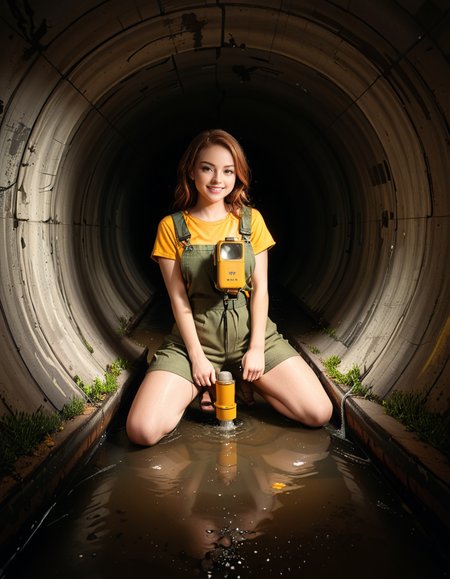 A young woman, April O'Neil, stands confidently in front of a large, circular sewer pipe,L4rg3 s3w3r p1p3. She has vibrant red, shoulder-length wavy hair and wears her iconic bright yellow jumpsuit with utility-style details, such as rolled-up sleeves and visible pockets. A brown utility belt is fastened around her waist. She holds a microphone or a small camera in one hand, highlighting her role as a journalist. Her expression is determined and slightly smiling, radiating courage and curiosity.
The sewer pipe behind her is massive and weathered, with green moss and moisture stains around its edges. The interior of the pipe is dark and shadowy, while the exterior is illuminated by soft natural light. There is a small puddle of water or wet ground in front of the pipe, reflecting faint light.
The background features an urban, industrial setting with worn brickwork surrounding the sewer opening, showing signs of age and decay. Small wild plants and grass grow around the base, adding a touch of nature to the scene.
The lighting is soft and dramatic, with natural sunlight streaming in and casting gentle reflections on the ground and inside the pipe. The image is styled as a semi-realistic illustration with vivid, bright colors for April O'Neil, contrasting with the muted, earthy tones of the background. The overall mood is adventurous and cinematic.<lora:SDXLFaeTastic2400:0.4> <lora:extremely_detailed:0.4> extremely detailed, <lora:L4rg3_s3w3r_p1p3:1>, Masterpiece,best quality,hi res,8k,hi res,8k,award winning,(sharp focus, intricate, highly detailed),