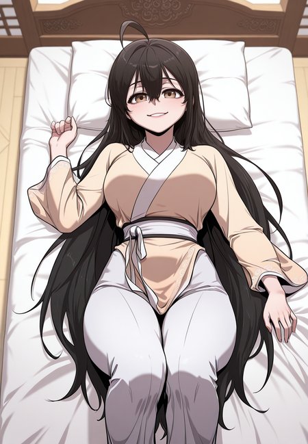 zPDXL3, score_9_up, score_8_up, score_7_up, ,Masterpiece,(perfect female body:1.2), small waist, (incredibly detailed:1.4), beautiful fingers, (large breasts:1.2) big breasts,  looking at viewer, looking at viewer, <lora:Wi_Seol-Ah_-_Childhood_Friend_of_the_Zenith-Kaleid_Illustrious:1> wiseol-ah, 1girl, very long hair, black hair, brown eyes,  ahoge, hair between eyes, chinese clothes, white pants, on back, from above, bedroom, knees up, smile, solo