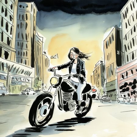 drawix12girl on a motorbike in the big city <lora:drawix12:0.7>