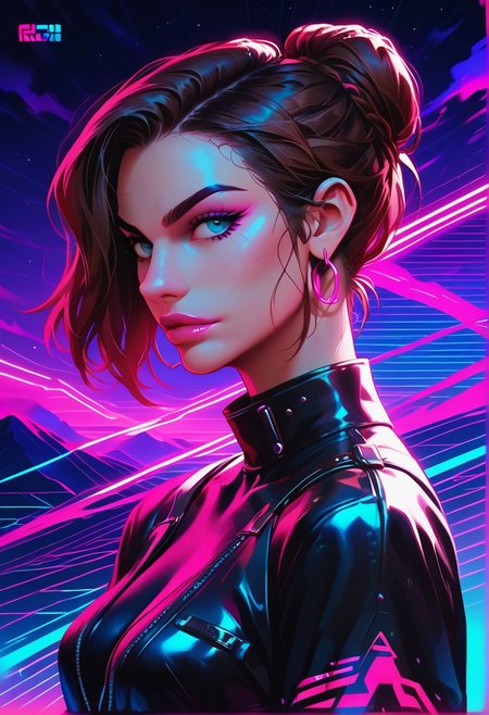 score_9, score_9,score_8_up, synthwave,
1girl, brunette, fit, hair bun,
assassin, handgun,
leather outfit,