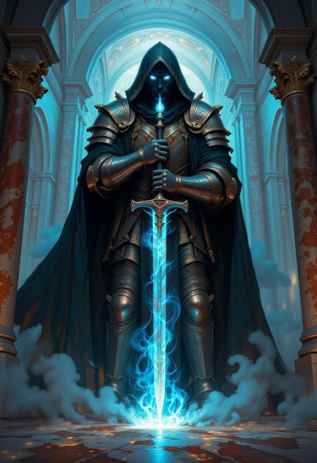 Unfazedfantasii, vantablack, OBxiaoxiang
photorealistic masterwork digital painting, hyper-realistic, low-angle shot, from below, highly detailed, intricate, fractal, and iridescent, perfect hands, blade of cold blue fire, capturing the imposing figure of a towering, hooded lich clad in symmetrical ornate knight armor with a large billowing cape, his piercing two eyes glowing with bright blue fire, he holds a long, elegant, symmetrical flaming great sword with both hands, one hand above the other, its thin blade forged from azure fire that emits an ominous, cold glow, the tip of the blade hits the ground, causing a burst of magic blue fire, the scene is set in an ancient castle's shimmering opulent and luxurious marble grand hall, where magical vapors rise from the ground and swirl lazily throughout the room, dim, atmospheric lighting originates primarily from the glowing great sword and the iridescent magical vapors, casting intricate shadows and enhancing the mysterious, otherworldly aura of the lich, the composition emphasizes dramatic scale and texture, with a focus on the interplay of light and shadow, intricate fractal details of the armor and marble, and an eerie spectral glow that illuminates every facet of the scene, wide cross guard, long grip, 
 The art style is highly detailed, cinematic, and fantasy-inspired, with a focus on dramatic lighting, soft glows, and a slightly dark, mystical mood.