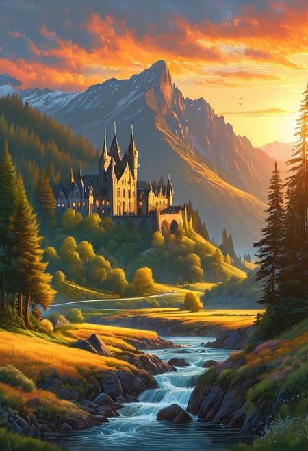 A captivating night scene illustration featuring a beautiful scene of the great out doors in the pacific northwest..   There are great mountains, pine forests, and rivers.  It is an outdoorsman's dream.  This enchanting artwork captures a serene and peaceful night, where the sun is just starting to rise over the beautiful hills and castle which   stands resolute amidst hills of Wales, creating a cinematic experience., illustration, cinematic
<lora:DonM3t3rn1tyXL-v1.1:0.7>, DonM3t3rn1tyXL,
OverallDetailXL  <lora:MJ52:0.3>  <lora:SDXLFaeTastic2400:0.4>  <lora:EpicF4nta5yXL:0.7>