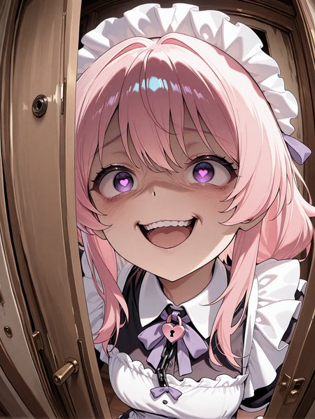 solo, 1girl, CivChan, pink hair, purple eyes, maid uniform, open mouth,teeth, (wrinkled skin:1.1), heart-shaped_pupils, hand, grabbing door, hidden_blade, portrait,meme, chain lock, fisheye, ominous shadow, sensitive, The Shining film style anime artwork of Jack Torrance In the 1980's in the Colorado Rocky Mountains a man with a beard and a shirt is looking through a broken door with a creepy smile, by shiro youduki,masterpiece,best quality,newest,absurdres,highres,very awa,