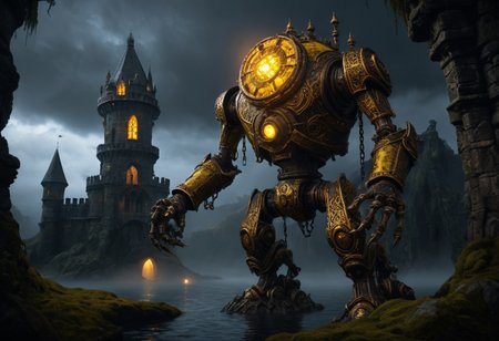 giant bipedal robot dirty yellow and dark amber, bronze paisley robot. lacy robot UFO head. outside of a steampunk keep. large detailed torso. dark image. one forty foot tall ancient robot with great arms and two heavy spring legs. dark foggy night background. $dark foggy night image only. dark photo realistic image. steampunk details. cogs, chains and pipes incorporated in the fantasy buildings. magic wizards tower in background. Dark swamp, moss, castle ruins, wizards tower. stormy dark night.  Lightning sky
