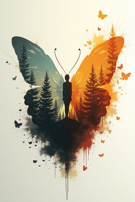 abstract style Surr3@l double exposure butterfly forest silhouette, wabi-sabi, ink splash, watercolor painting, high contrast wind's blowing, expression, big leaves in the wind abstract. <lora:Surrealist_CFH-000013.safetensors:1.0>, <lora:FluxDFaeTasticDetails.safetensors:0.1>,  . non-representational, colors and shapes, expression of feelings, imaginative, highly detailed