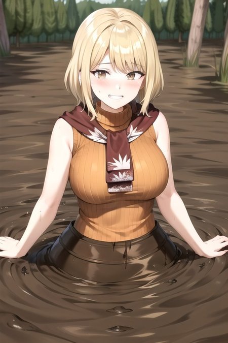 ashley graham, brown eyes, bangs, red scarf, (orange sweater:1.2), sleeveless turtleneck, green miniskirt, large breast, partially submerged, in mud, flooding up to the chest, upper body, (village:1.5), (mud:1.5), (pov:1.5), (raised eyebrows:1.2), :o, blush, (sinking:1.1), (seductive smile:1.5), ,