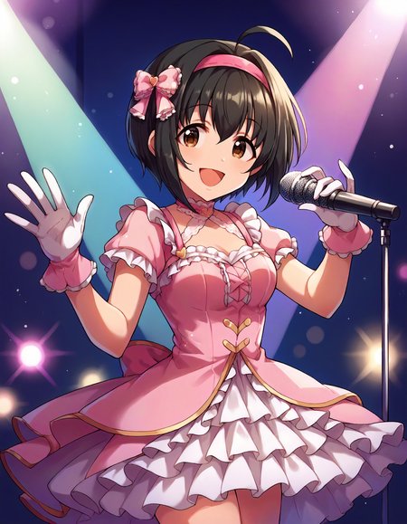 score_9,score_8_up,score_7_up,1girl,solo,cowboy shot,smile,open mouth,looking at viewer,stage lights,waving,holding microphone,
<lora:kohinatamiho_ponyXLV6:0.8>,cgkmh,
black hair,short hair,ahoge,brown eyes,
pink hairband,pink dress,frills,white gloves