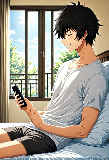 high resolution, solo, best quality, 1Boy, Seiya Kanie, black hair, short hair, thin, holding smartphone, t-shirt, on the bed, sunny day, window, smile, side view, sit, nap, indoor, bed room, OverallDetail
