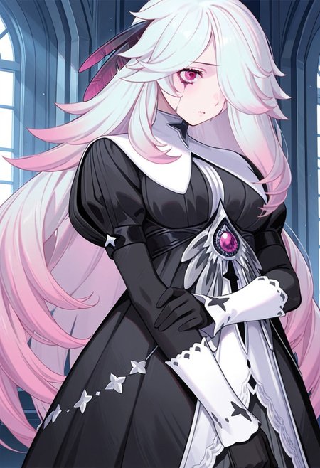 AMAZING QUALITY, MASTERPIECE, 1GIRL, CHIARA, WHITE HAIR, PINK HIGHLIGHTS, RED EYES, HAIR OVER EYE, HAIR FEATHERS, DRESS, EYE STAINS, GLOVES