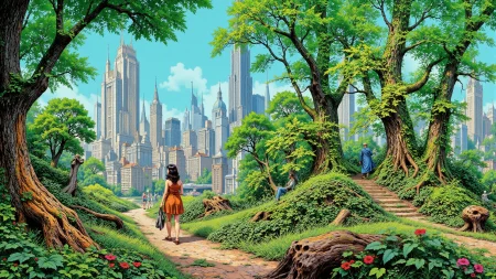 green city beautiful  landscape, day, woman, very intricate, very detailed, sharp, bright, colorful, <lora:Hand v2:0.5> <lora:Anti-Blur:1><lora:Insane Detail Slider:0.25>  <lora:flux.1_lora_flyway_Epic-detail_v2:0.3> <lora:fluxenhancer:0.25> <lora:Adventure_Comic_Book:0.8>