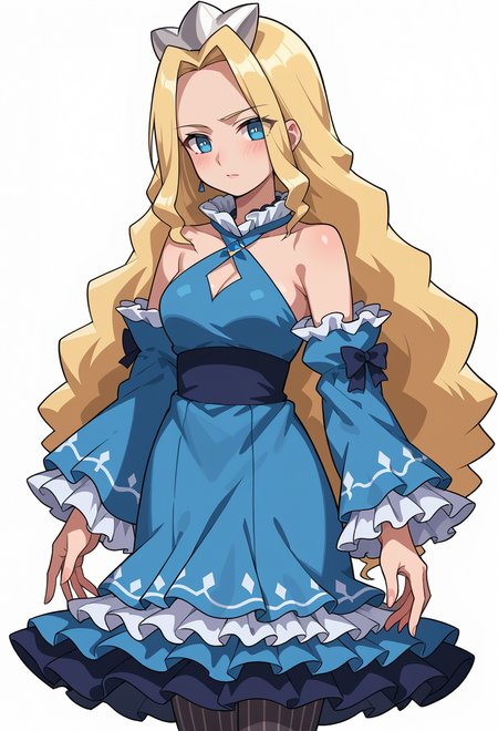 score_9, score_7_up, source_anime, BREAK <lora:PrincessPride:1> Princesspride,, hair ribbon, frilled choker, criss-cross halter, sleeveless dress, high-waist skirt, backless dress, layered dress, blue dress, waist blue bow, detached sleeves, frilled sleeves, wide sleeves, blue sleeves, black pantyhose, patterned legwear, pinstripe pantyhose, mary janes,