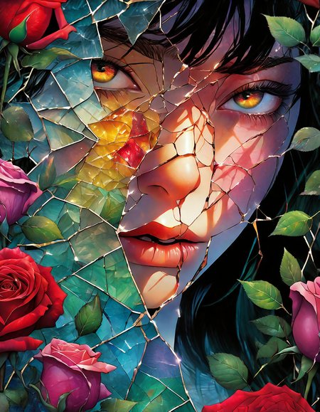 Compose a deeply emotional and visually stunning image featuring a young Norwegian woman, face as cracked broken glass, natural skin, in the Garden of Eden, with delicate multicolored roses, incorporate abstract art elements conveying a broken glass effect, conveying shattered memories and a tinted background with vivid shades to enhance the emotional impact, include rose thorns dripping with blood, adding to the overall beauty and evocative nature of the piece, hyper-detailed and intricate elements, The dramatic atmosphere enhances the overall high-quality and detailed nature of this stunning piece of artwork, style of Josan Gonzalez,