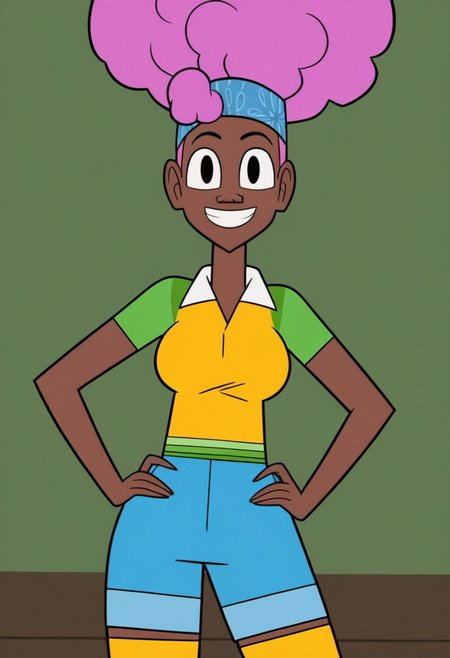 ((room background)),score_9, score_8_up, score_7_up,score_6_up, 
1girl, solo, Harriet_CH, dark brown skin, black eyes, orchid hair, blue head bandana, afro puff, voluminous fluffy Hair, yellow-green polo shirt, sky blue skinny shorts, yellow thigh high socks, black ballet flats, big eyes, cute, tall stature, social smile, perfect eyes, perfect smile, looking at the viewer, detailed eyes, perfect eyes, standing, big breasts (front pose, front view, bust shot) five fingers, perfect hands, hands on hips