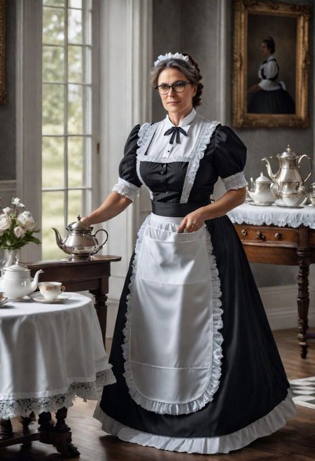 full body shot of a beautiful 45 year old woman, medium length brown hair streaked with gray, gray eyes, glasses, square face, rounded cheeks, hourglass figure, slightly overweight, victorian maid, standing in a victorian parlor, serving tea