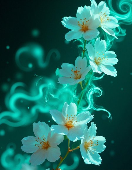 Photorealistic macro photography, capturing swirling, luminous forms reminiscent of a lava lamp, but composed of blooming cherry blossoms. The blossoms cascade through a deep indigo and emerald green environment, illuminated by soft, diffused golden light. Delicate petals drift and intertwine, creating a sense of tranquil motion and otherworldly beauty. The composition utilizes the rule of thirds, with a shallow depth of field emphasizing the foreground blossoms against a softly blurred background, evoking a dreamy, nostalgic atmosphere.  light from below style, light from below, Underlighting