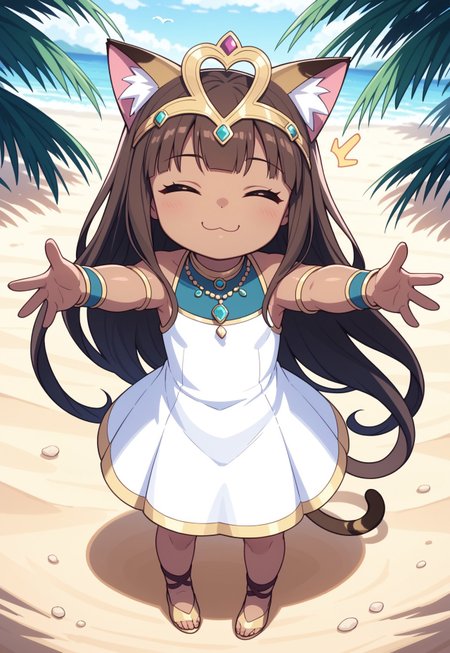score_9, score_8_up, score_7_up, masterpiece, best quality, absurdres, vibrant, highly detailed, super cute and adorable, fluffy, from above, three-quarter front view, 
BREAK 
1girl, solo, (zzBastet as a toddler:1.5), kiddo zzBastet, brown hair, tiara, flat chest, (long white dress:1.2), ankle lace-up, cat ears, dark skin, jewelry, very long hair, cat tail, reaching towards viewer, happy, closed eyes, ^^, ^^^, closed mouth, :3, (wagging tail, motion lines), 
BREAK 
outdoors, Oasis, palm trees, sand dunes background, blue sky, birds