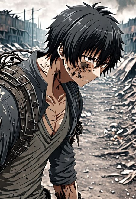 high resolution, solo, best quality, 1Boy, Seiya Kanie, black hair, short hair, shallow depth of field, Post-Apocalyptic, survival, OverallDetail