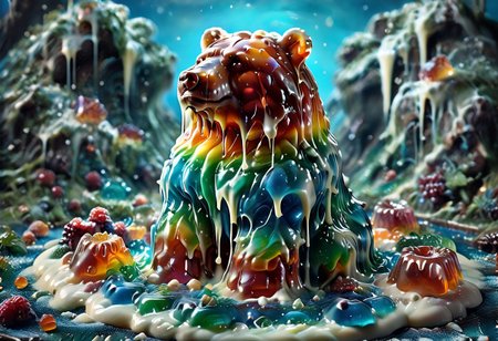 high quality, (Domination of the blue color:2), Jellystyle, stone bridge<lora:bad_prompt_version2-neg:1> <lora:By bad artist -neg:1>  <lora:Jelly_Style:1> (rainbow color grading:1.5). (Icing milk:2). (Sugar coating :1). berry made of jelly. River of milk. ais-chocsauce Mountains. Crystallized Sugar Rain. The floor is covered with honey. Multi-colored Jellystyle bears.
(Fish) Made of gum with glowing precious stones is shown into the jello realm. From the right of the frame, the Jellystyle bears, fishing, jumping fish, bear catching fish.
CastleBreizh XL Mk8 on the left.
Asymetric composition, dynamic pose, field of depth, grass in the foreground. Close-up view from below.