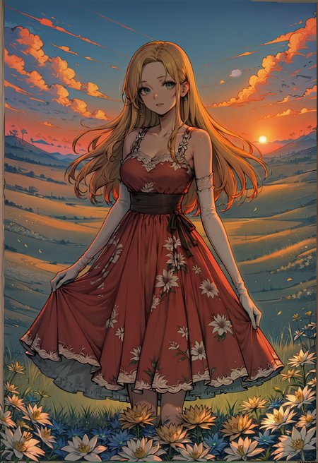 score_9, score_8_up, score_7_up, rating_safe, lineart, flat color,  1girl, solo, long hair, yellow hair, looking at viewer, breasts, dress, floral dress, floral theme, elbow gloves, white gloves, cowboy shot, standing, outdoors, field, flower, lilies, grass, plant, sky, romantic, green eyes, vivid colors, bright colors, sunset  <lora:LineArt Mono Style LoRA_Pony XL v6:0.8> <lora:sdxl\Pony_DetailV1.0> <lora:sdxl\Smooth Anime Style LoRA XL:0.8>